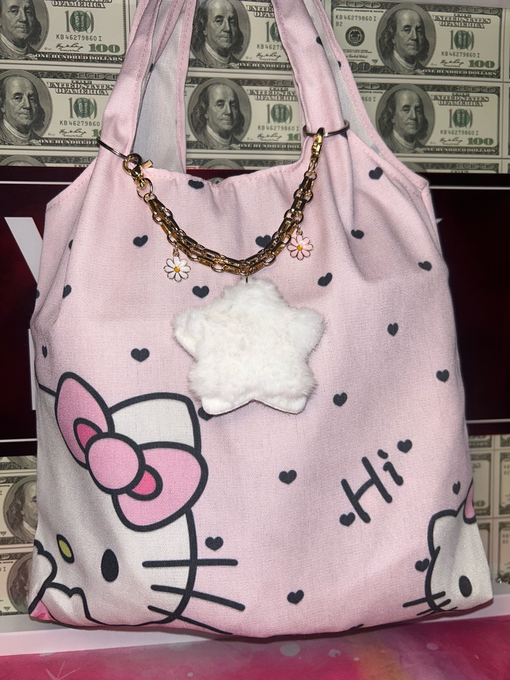 Hello Kitty Pink Heart Print Satin Tote Bag with Character Bow